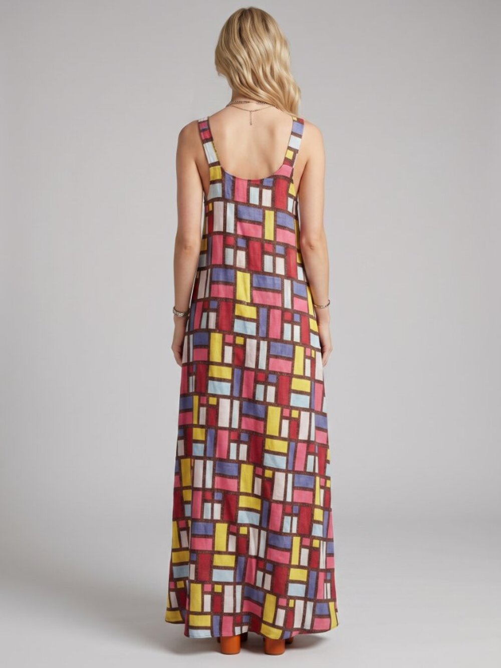 Women's Geometric Grid Print Maxi Dress Sleeveless Scoop Neck A-Line Casual - Picture 2 of 5